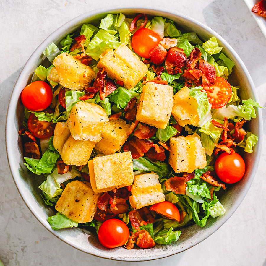 Garlic Grilled Cheese Croutons on a BLT Salad