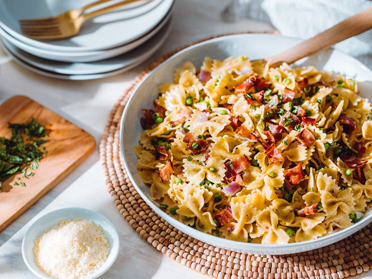 Bowtie Pasta with Bacon, Peas, & Garlic Parmesan Basil Butter